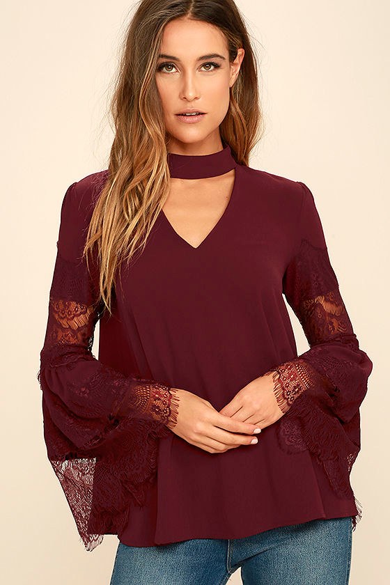 Cute Burgundy Lace Top - Long Sleeve ...